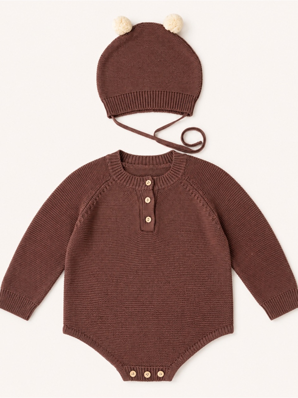 Baby Knit Romper & Pom Pom Bear Bonnet Set Brown Cottagecore Boho Neutral Infant